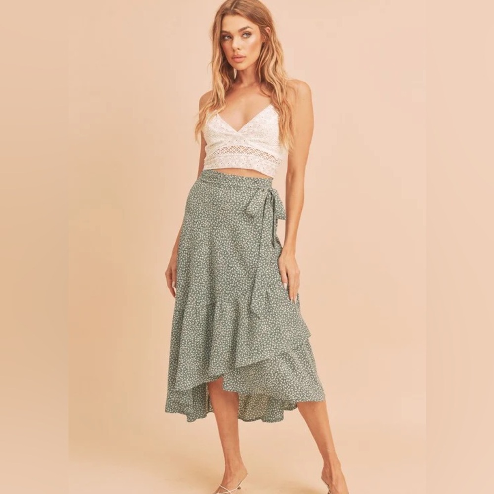 Green floral tie wrap skirt